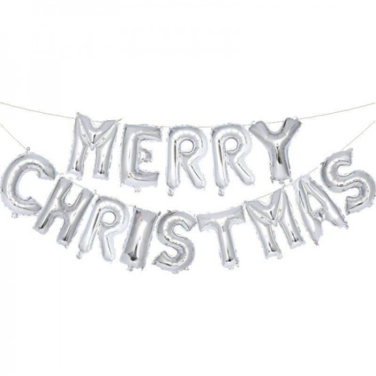 14SXMAS    14吋聖誕銀色細字母氣球MERRY CHRISTMAS套裝