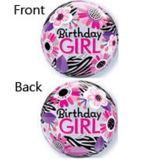 13738	22" Birthday Girl Zebra Stripes Plastic Bubble Balloons 