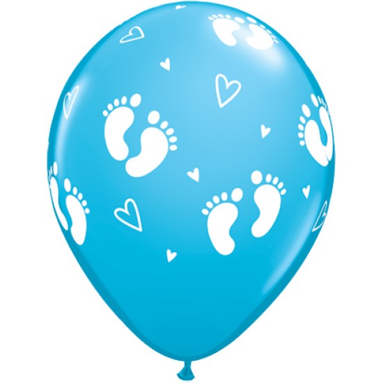 43419   11" Robin's Egg Baby Footprints & Hearts 彩藍鏨寶小腳板乳膠氣球