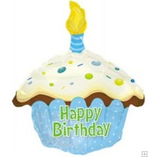 414020    17" Happy Birthday Day Blue Cupcake Shape Balloon